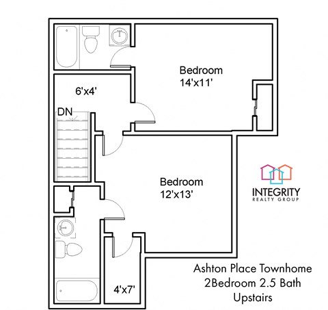 Floor plan for 2 beds, 2.5 baths, 1100 sqft